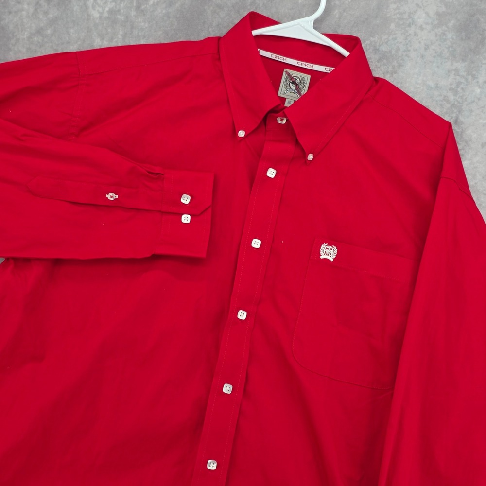 Cinch Western Shirt Mens Medium Red Long Sleeve Button Down Pocket Logo Classic